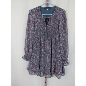 Blue Rain Small Dark Teal Pink Floral Smocked Ruffle Long Sleeve Dress Mini